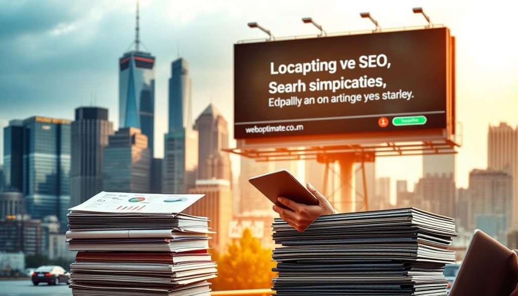 A bustling city skyline in the background, with a weboptimate branded digital billboard prominently displayed. In the foreground, a small business owner navigates a tablet, exploring local search optimization strategies to enhance their online visibility. Warm, golden lighting illuminates the scene, conveying a sense of determination and opportunity. The middle ground features a stack of analytical reports, charts, and digital marketing tools, emphasizing the data-driven approach to local SEO. The overall composition evokes the challenges and potential of small businesses leveraging digital solutions to increase their local market reach. A bustling city skyline in the background, with a weboptimate branded digital billboard prominently displayed. In the foreground, a small business owner navigates a tablet, exploring local search optimization strategies to enhance their online visibility. Warm, golden lighting illuminates the scene, conveying a sense of determination and opportunity. The middle ground features a stack of analytical reports, charts, and digital marketing tools, emphasizing the data-driven approach to local SEO. The overall composition evokes the challenges and potential of small businesses leveraging digital solutions to increase their local market reach.