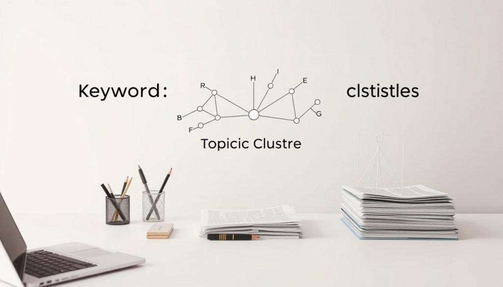 A clean, minimalist workspace with a neatly organized desk, showcasing the structural differences between keywords and topic clusters. The foreground features a laptop, a pen holder, and a stack of papers arranged in a logical manner. The middle ground displays interconnected nodes and lines, visually representing the topic cluster concept. The background is a soft, neutral-toned backdrop, allowing the central elements to take the spotlight. The lighting is soft and diffused, creating a calm and focused atmosphere, emphasizing the organizational nature of the scene. The camera angle is slightly elevated, giving a bird's-eye view of the workspace, further emphasizing the structured and systematic approach to content organization. A clean, minimalist workspace with a neatly organized desk, showcasing the structural differences between keywords and topic clusters. The foreground features a laptop, a pen holder, and a stack of papers arranged in a logical manner. The middle ground displays interconnected nodes and lines, visually representing the topic cluster concept. The background is a soft, neutral-toned backdrop, allowing the central elements to take the spotlight. The lighting is soft and diffused, creating a calm and focused atmosphere, emphasizing the organizational nature of the scene. The camera angle is slightly elevated, giving a bird's-eye view of the workspace, further emphasizing the structured and systematic approach to content organization.