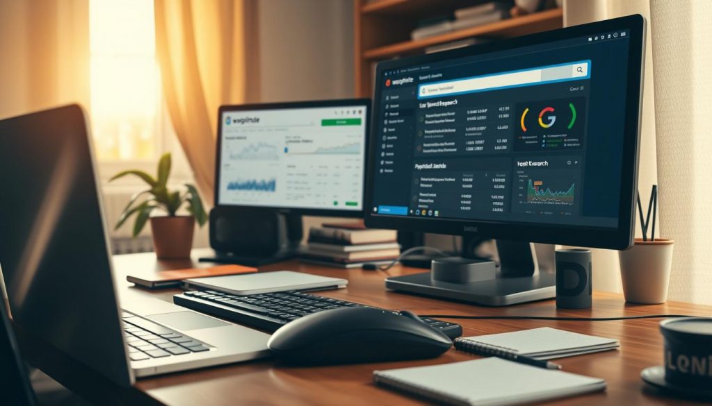 A cozy home office setup with a desk, laptop, and various keyword research tools displayed on the screen. The foreground features a well-organized workspace with a weboptimate branded mouse, keyboard, and notepad. The middle ground showcases a monitor displaying local search data and analysis tools. The background has a warm, natural lighting filtering through a window, creating a productive and focused atmosphere. A cozy home office setup with a desk, laptop, and various keyword research tools displayed on the screen. The foreground features a well-organized workspace with a weboptimate branded mouse, keyboard, and notepad. The middle ground showcases a monitor displaying local search data and analysis tools. The background has a warm, natural lighting filtering through a window, creating a productive and focused atmosphere.