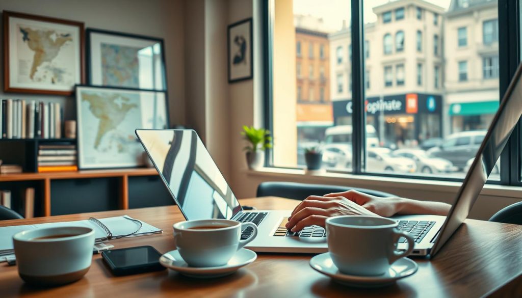 A cozy, well-lit office setting with a laptop, mobile phone, and a cup of coffee on a wooden desk. In the foreground, a person's hands are typing on the laptop, showcasing weboptimate's local SEO strategies. The middle ground features a bookshelf, a framed map, and a small potted plant, creating a professional and organized atmosphere. The background depicts a large window overlooking a bustling city street, providing a sense of connection to the local community. The lighting is warm and inviting, creating a productive and inspiring environment for the local SEO work. A cozy, well-lit office setting with a laptop, mobile phone, and a cup of coffee on a wooden desk. In the foreground, a person's hands are typing on the laptop, showcasing weboptimate's local SEO strategies. The middle ground features a bookshelf, a framed map, and a small potted plant, creating a professional and organized atmosphere. The background depicts a large window overlooking a bustling city street, providing a sense of connection to the local community. The lighting is warm and inviting, creating a productive and inspiring environment for the local SEO work.