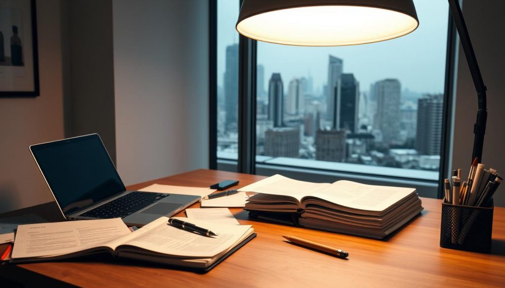 A minimalist office setup with a laptop, notebook, and a variety of research materials scattered on a wooden desk. The desk is illuminated by a warm, diffused overhead light, creating a cozy and focused atmosphere. In the background, a large window offers a glimpse of a bustling city skyline, hinting at the broader context of the keyword research process. The composition emphasizes the tools and resources used in conducting thorough keyword research, reflecting the "Understanding Traditional Keyword Strategy" theme. A minimalist office setup with a laptop, notebook, and a variety of research materials scattered on a wooden desk. The desk is illuminated by a warm, diffused overhead light, creating a cozy and focused atmosphere. In the background, a large window offers a glimpse of a bustling city skyline, hinting at the broader context of the keyword research process. The composition emphasizes the tools and resources used in conducting thorough keyword research, reflecting the "Understanding Traditional Keyword Strategy" theme.