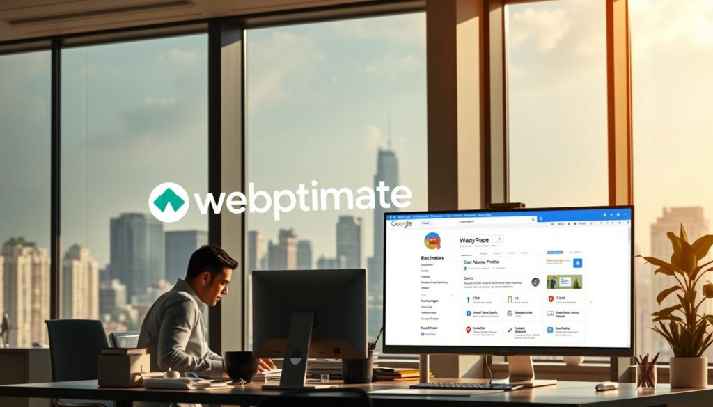 A modern, minimalist office scene with a large display screen prominently featuring the "weboptimate" brand name. In the foreground, a sleek desktop computer and a professional-looking person working intently, surrounded by neatly organized office supplies. The middle ground showcases a Google Business Profile interface on the screen, highlighting key optimization features. The background features floor-to-ceiling windows overlooking a bustling city skyline, bathed in warm, natural lighting. The overall atmosphere conveys a sense of productivity, efficiency, and the importance of effective local SEO strategies for small businesses. A modern, minimalist office scene with a large display screen prominently featuring the "weboptimate" brand name. In the foreground, a sleek desktop computer and a professional-looking person working intently, surrounded by neatly organized office supplies. The middle ground showcases a Google Business Profile interface on the screen, highlighting key optimization features. The background features floor-to-ceiling windows overlooking a bustling city skyline, bathed in warm, natural lighting. The overall atmosphere conveys a sense of productivity, efficiency, and the importance of effective local SEO strategies for small businesses.
